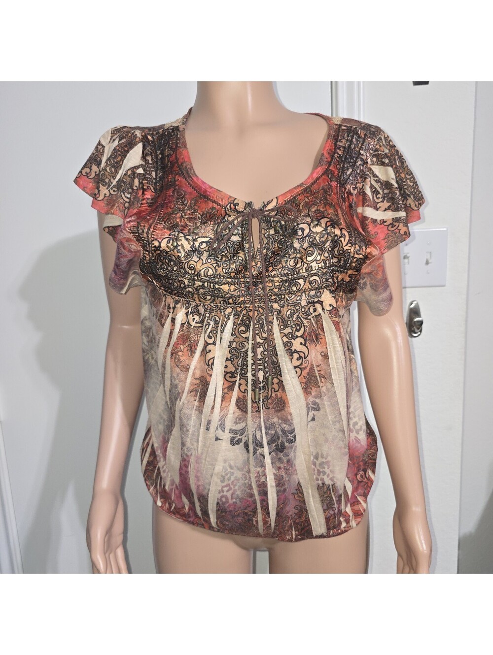 Boho Paisley Blouse Sz L Flutter Sleeves Chic Peasant Y2K Fairy Grunge Keyhole